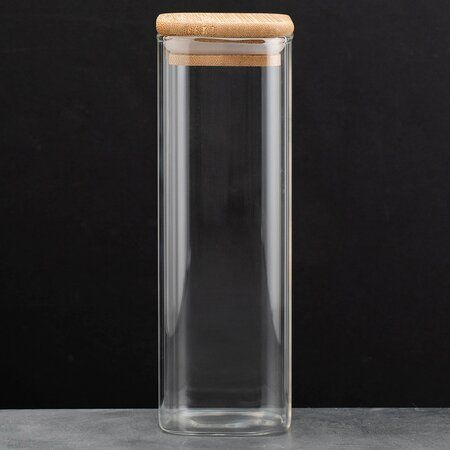 Квадратная стеклянная банка с бамбуковой крышкой 500 мл, 18,5 х 6 см
